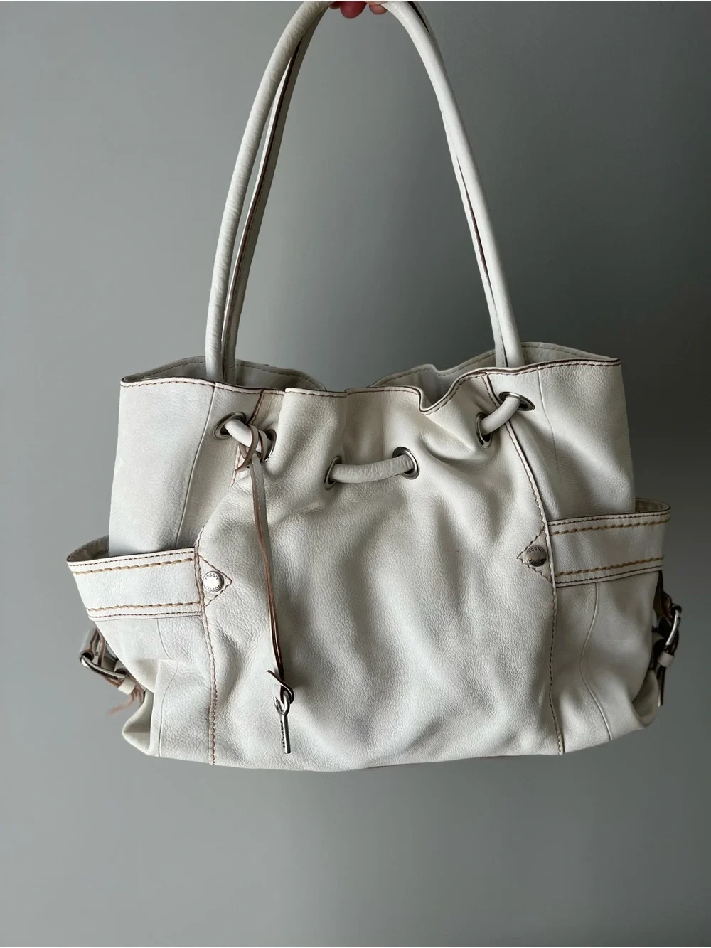 Fossil Cream Leather Cinch Hobo Bag